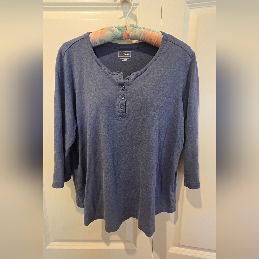 L.L. Bean Women's Slate Blue Henley Three-Quarter Sleeve Top - Picture 2 of 6